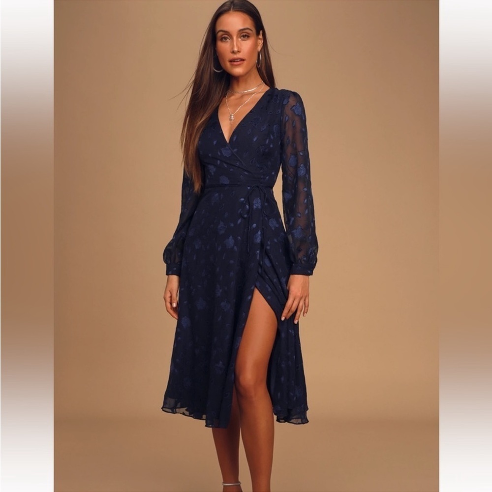 NWT Lulus Evening of Elegance Navy Blue Floral Jacquard Wrap Midi Dress Medium